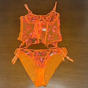 Honey Birdette Orange and Pink Floral Lace Bra Set